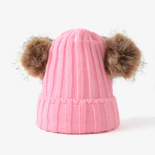 Double Hairball Knitted Beanie Hats for Mommy and Me