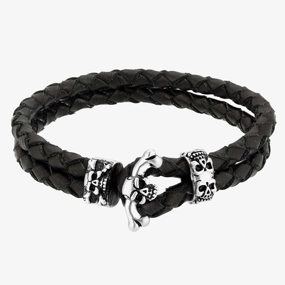 Bourne and Wilde Mens Double Black Leather Skull Bracelet UR15-05