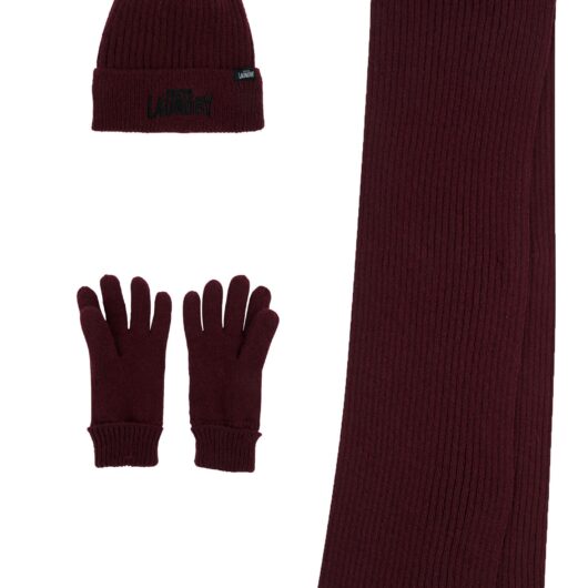 Accessory Worwick Matching Rib Knit, Micro-Fleece Lined Hat, Scarf and Gloves Set in Wine / One Size - Tokyo Laundry