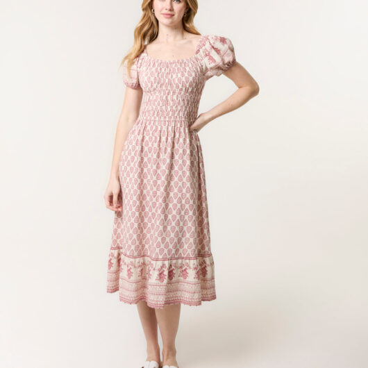 Border Print Puff Sleeve Midi Dress - L / PINK