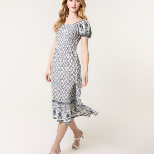 Border Print Puff Sleeve Midi Dress - XL / NAVY