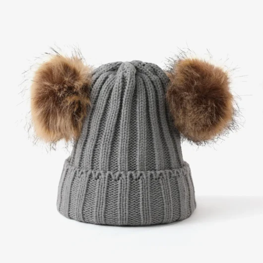Double Hairball Knitted Beanie Hats for Mommy and Me