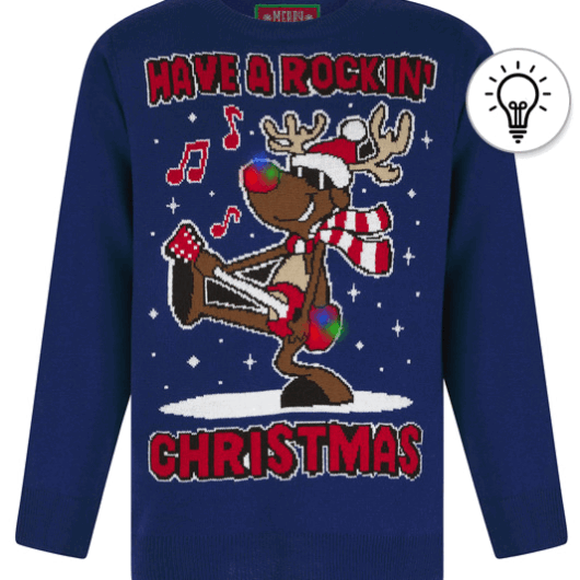 Jumpers Boy's Rockin Rudolph LED Light Up Novelty Knitted Christmas Jumper in Sapphire - Merry Christmas Kids (4-12yrs) / 4-5 Years - Tokyo Laundry