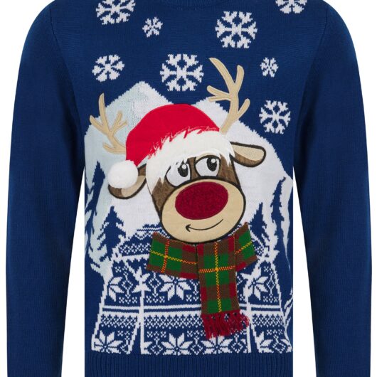 Jumpers Men's Snow Deer Motif Novelty Christmas Jumper in Sapphire Blue - Merry Christmas / L - Tokyo Laundry