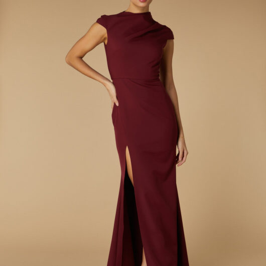 Kip High Neck Maxi Dress with Cap Sleeves, UK 10 / US 6 / EU 38 / Burgundy