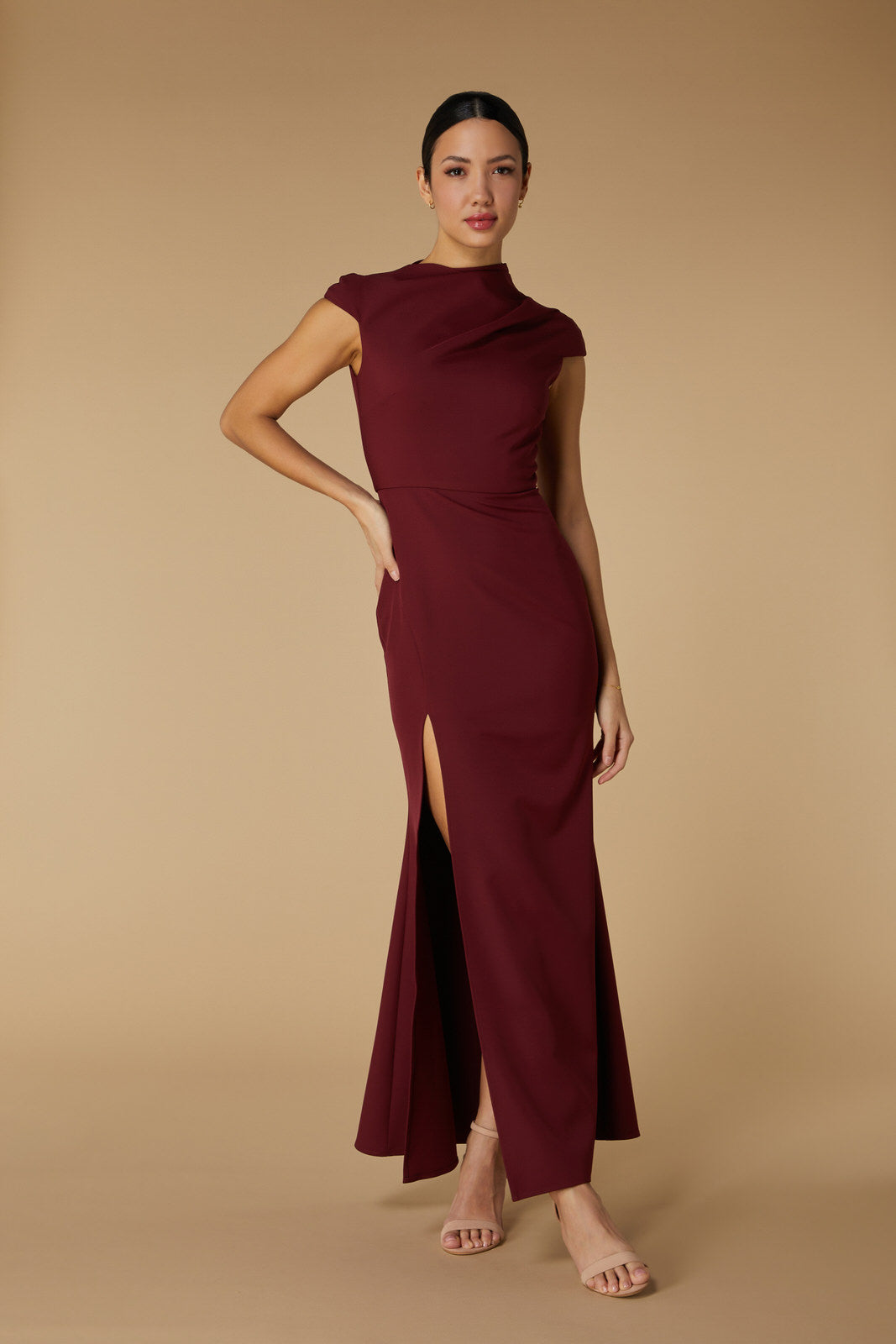 Kip High Neck Maxi Dress with Cap Sleeves, UK 18 / US 14 / EU 46 / Burgundy