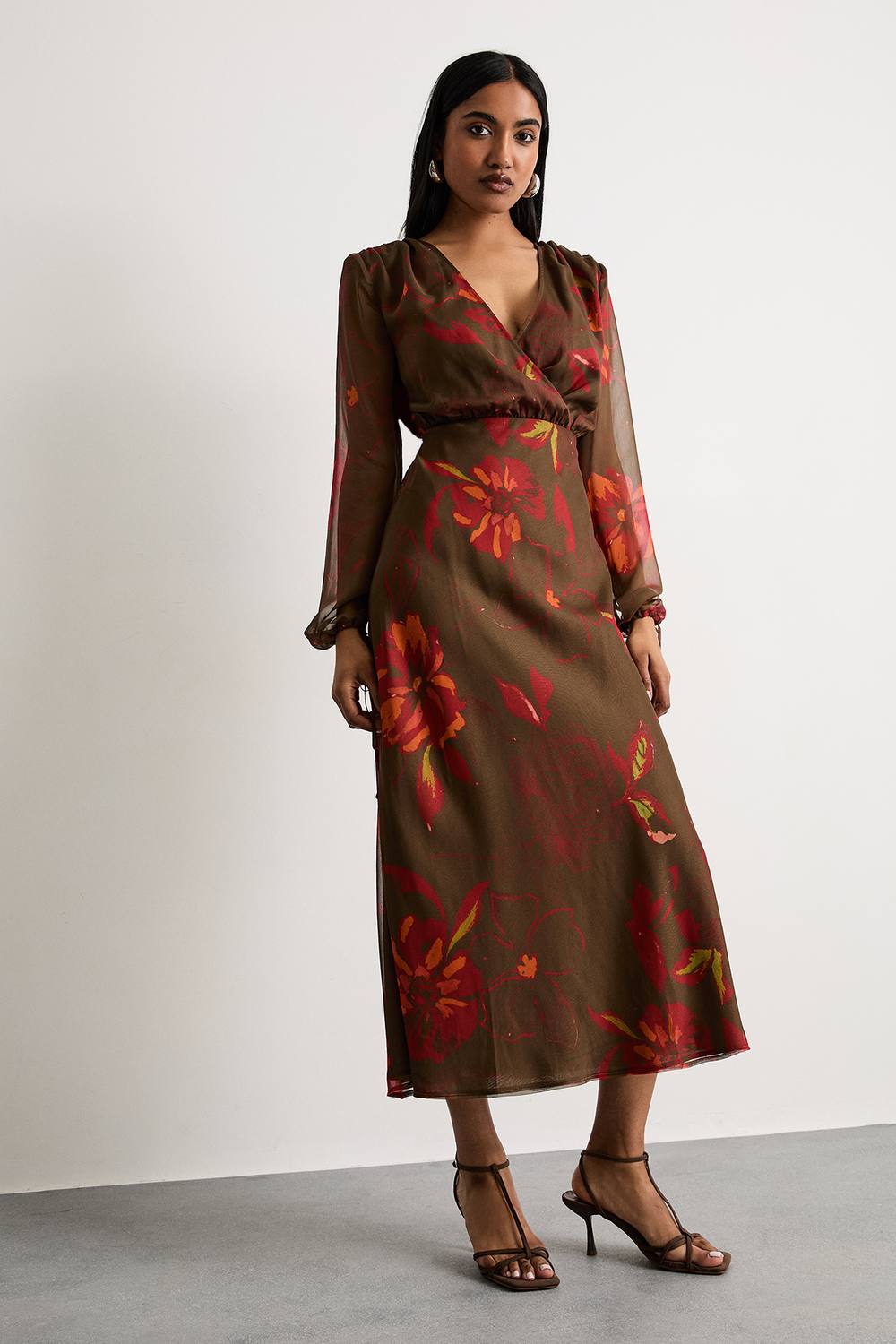 Warehouse Women's Printed Shoulder Pad V Neck Tie Detail Midi Dress in Brown | Size: 12