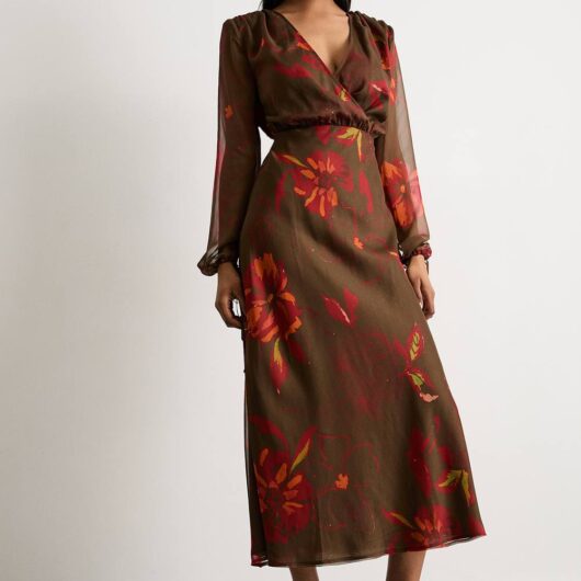 Warehouse Women's Printed Shoulder Pad V Neck Tie Detail Midi Dress in Brown | Size: 14